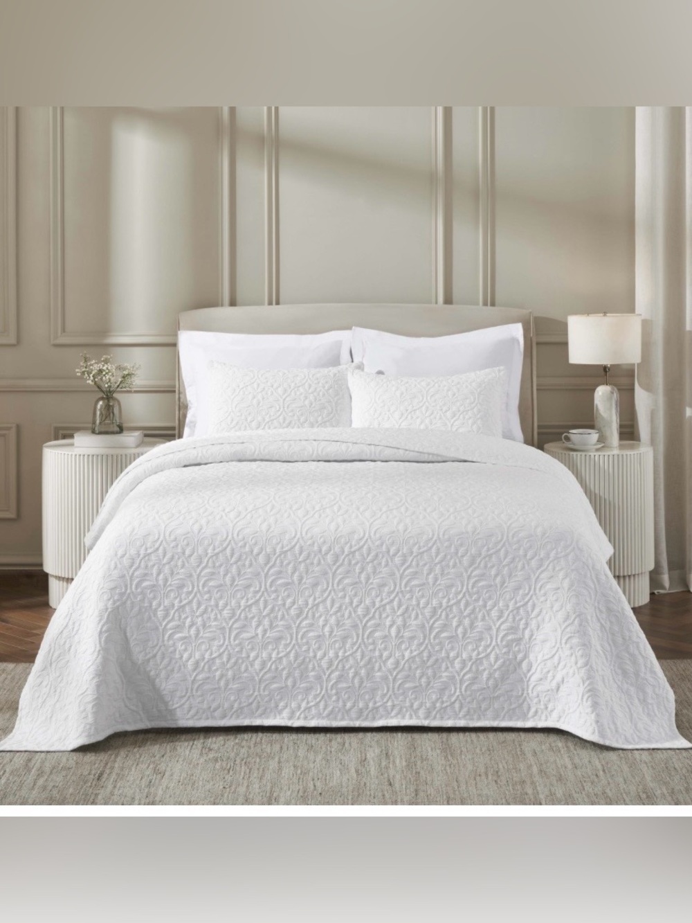 Floral Scroll Design Woven Bed Throw Blanket Cotton Blend - WHITE